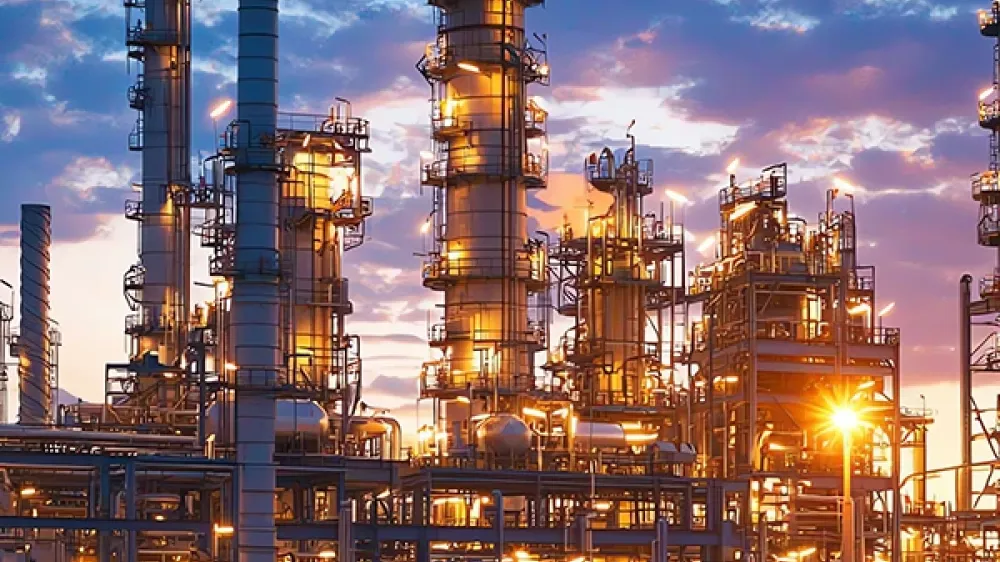 Instalación industrial con torres, tubos, luces al atardecer con cielo azul y naranja.