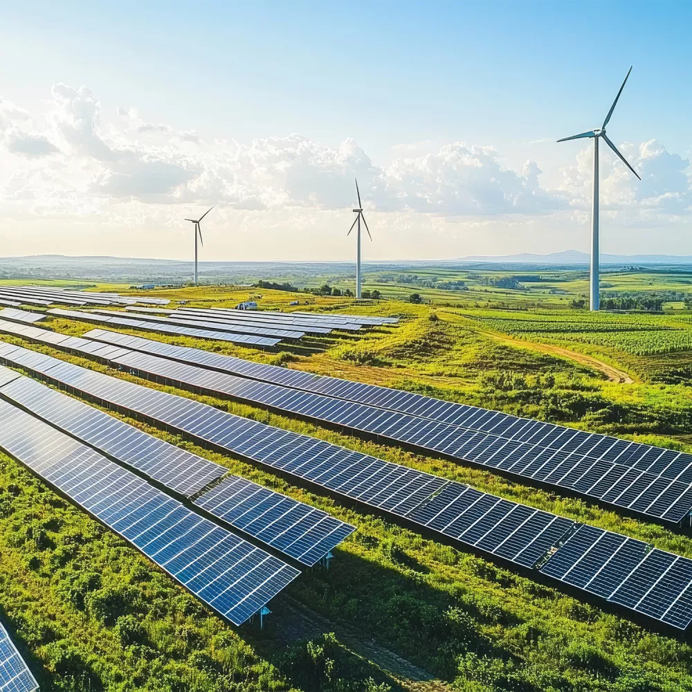 La imagen muestra un gran sistema fotovoltaico montado en el suelo en un campo verde. Al fondo se ven aerogeneradores.
