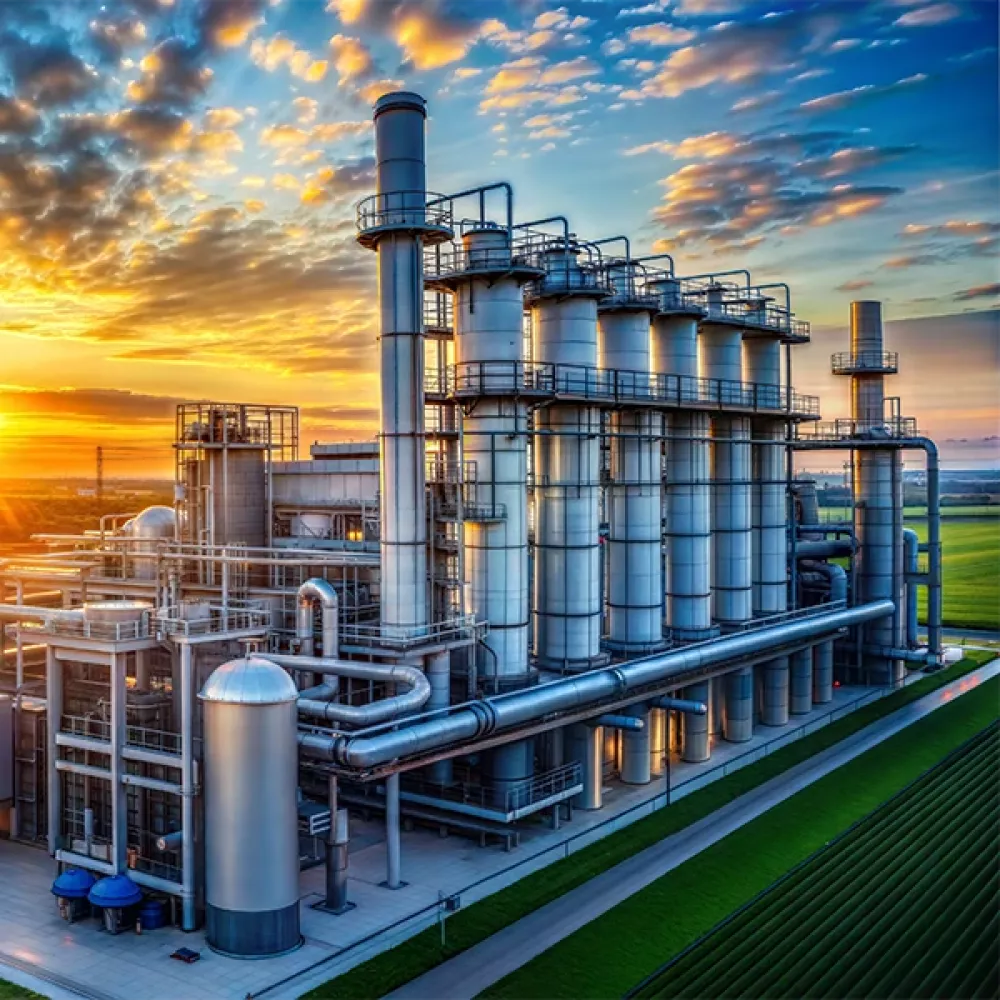 Instalación industrial con tuberías y torres ante una puesta de sol.
