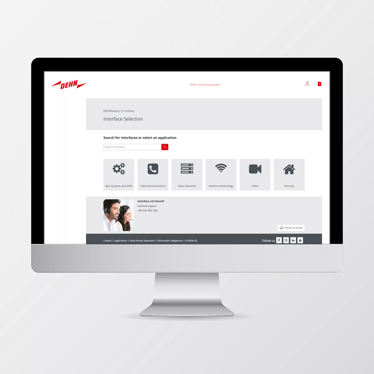 Pantalla con la interfaz de DEHNselect IT, compuesta por diferentes campos y textos.