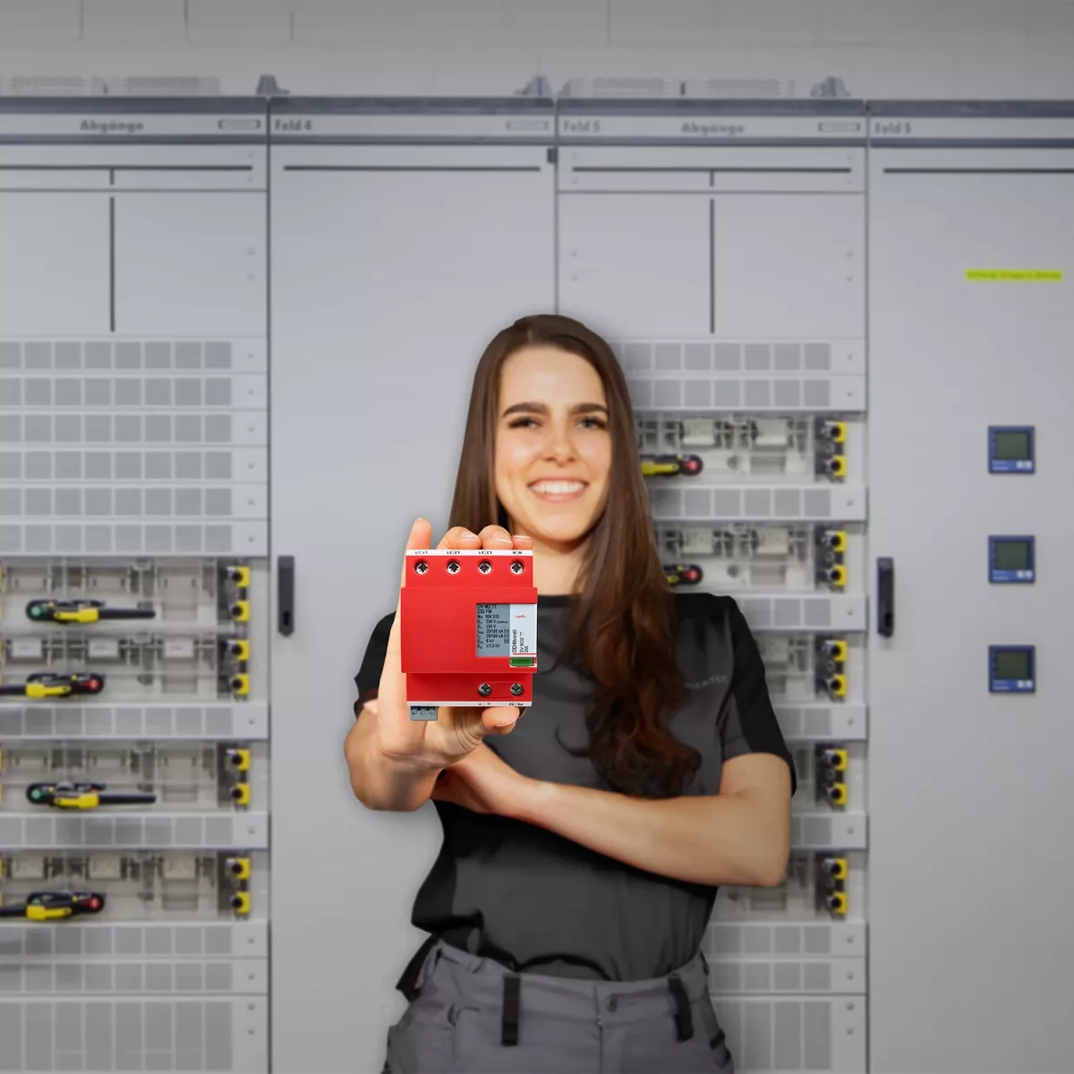 Una mujer con un descargador combinado rojo en la mano delante de una instalación de conmutación de baja tensión.