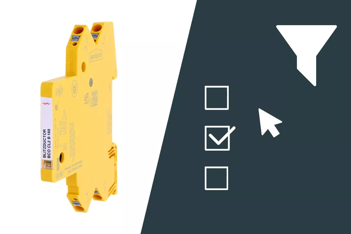 Slim yellow surge protection module shown next to filter and selection icons on a dark background.